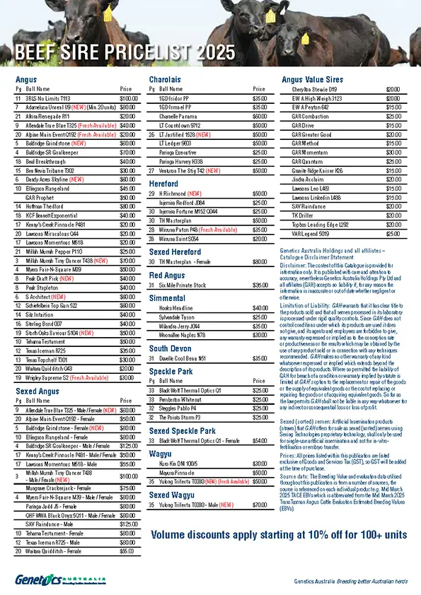 Beef Sire Pricelist 2025